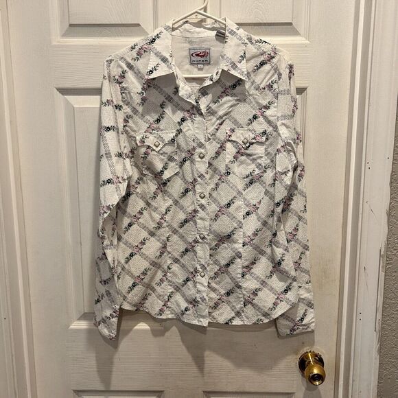 Roper‎ White Striped Floral Western Pearl Snap Long Sleeve Size Large Rodeo 4H - Picture 1 of 8